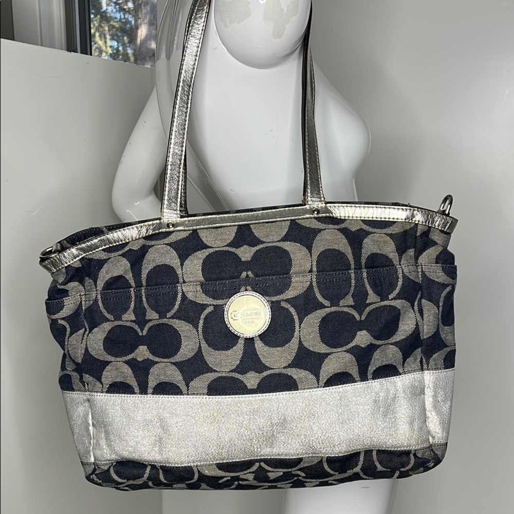Coach XL Denim Blue and Silver Leather Zip Top Diaper Tote Travel Bag